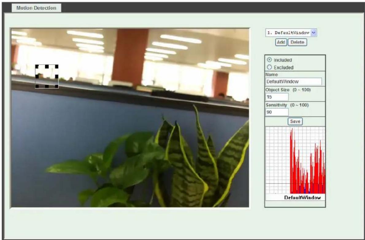 Motion Detection 1. DefaultWindow Add Delete Included Excluded Name DefaultWindow Object Size (0 ~ 100) 15 Sensitivity (0 ~ 100) 90 Save DefaultWindow