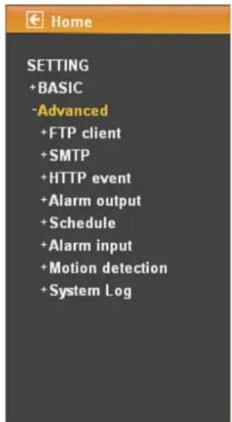 HOME SETTING +BASIC -Advanced +FTP client +SMTP +HTTP event +Alarm output +Schedule +Alarm input +Motion detection +System Log