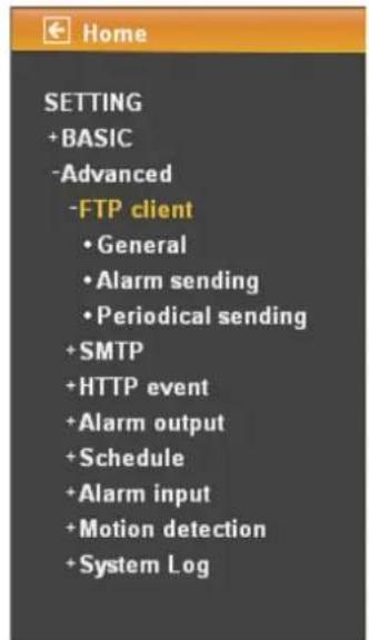 HOME SETTING +BASIC -Advanced -FTP client • General • Alarm sending • Periodical sending +SMTP +HTTP event +Alarm output +Schedule +Alarm input +Motion detection +System Log