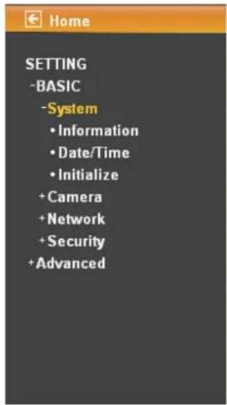 HOME SETTING - BASIC - System - Information - Date/Time - Initialize + Camera + Network + Security + Advanced