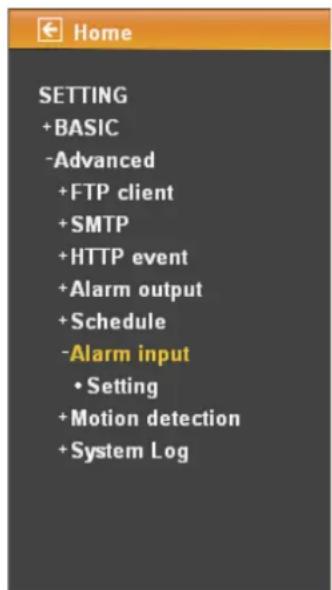 HOME SETTING +BASIC -Advanced +FTP client +SMTP +HTTP event +Alarm output +Schedule -Alarm input • Setting +Motion detection +System Log