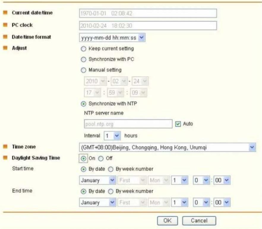 Current date/time: 1970-01-01 02:08:42. PC clock: 2010-02-24 18:02:30. Date/time format: yyyy-mm-dd hh:mm:ss. Adjust: Keep current setting, Synchronize with PC, Manual setting: 2010 - 02 - 24 17 : 59 : 09, Synchronize with NTP. NTP server name: pool.ntp.org Auto. Interval: 1 hours. Time zone: (GMT+0…