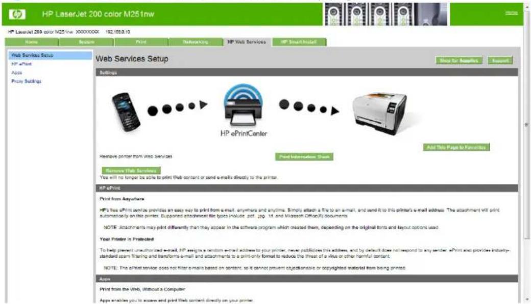 HP LaserJet Pro 200 Color Printer M251N - Web Services Setup page - 1