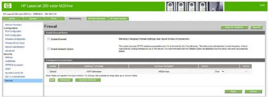 HP LaserJet Pro 200 Color Printer M251N - Firewall page - 1