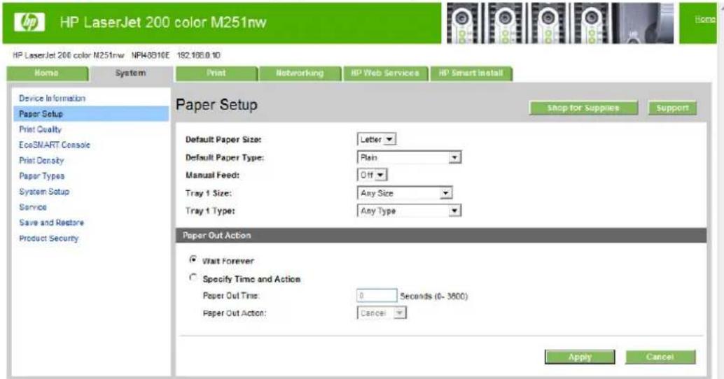HP LaserJet Pro 200 Color Printer M251N - Paper Setup page - 1