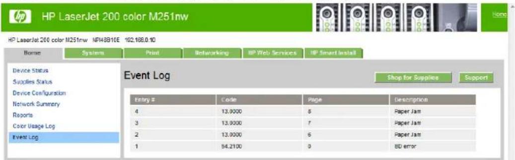 HP LaserJet Pro 200 Color Printer M251N - Event Log page - 1