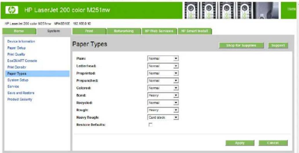 HP LaserJet Pro 200 Color Printer M251N - Paper Types page - 1