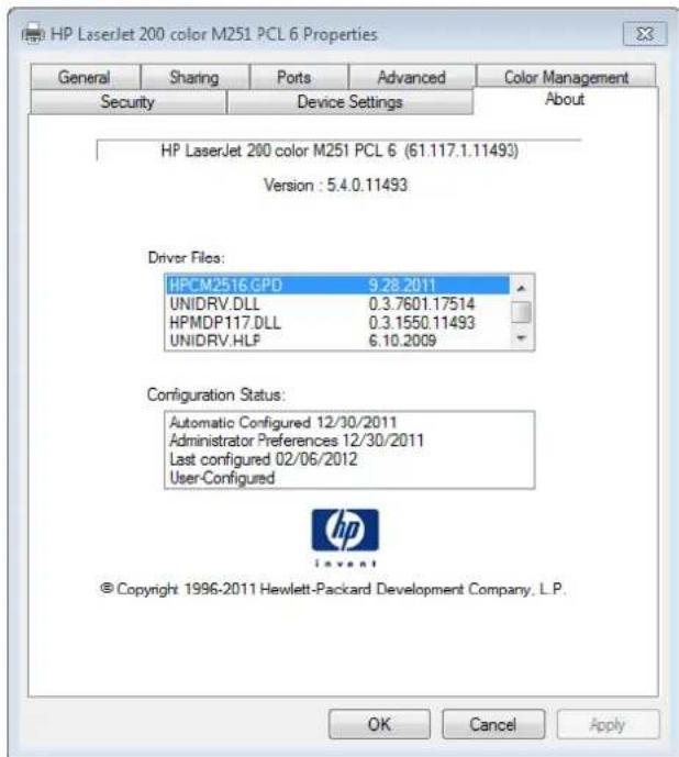 HP LaserJet Pro 200 Color Printer M251N - About tab features - 2
