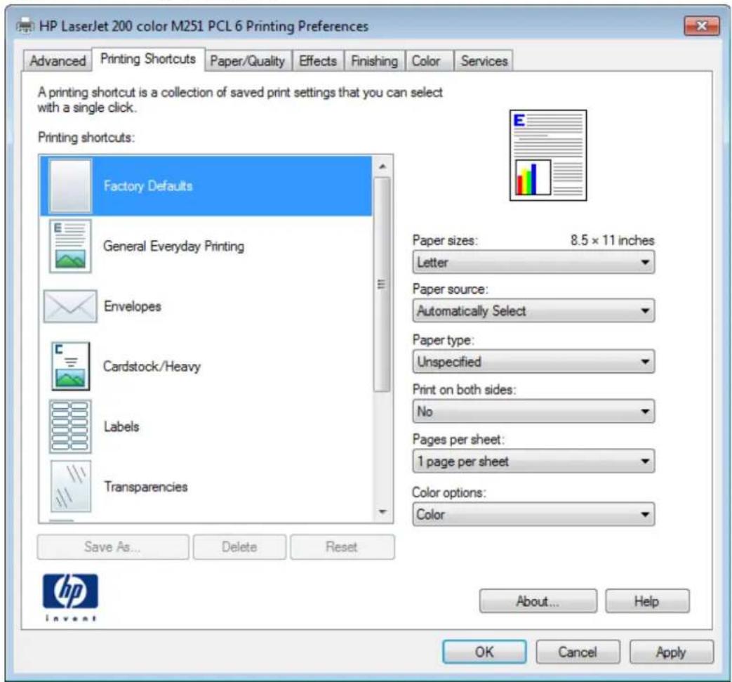 HP LaserJet Pro 200 Color Printer M251N - Printing Shortcuts tab features - 2