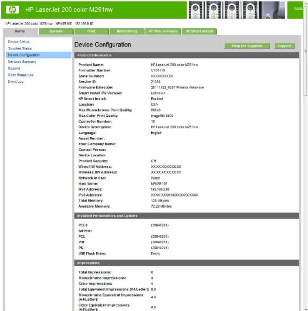 HP LaserJet Pro 200 Color Printer M251N - Device Configuration page - 1