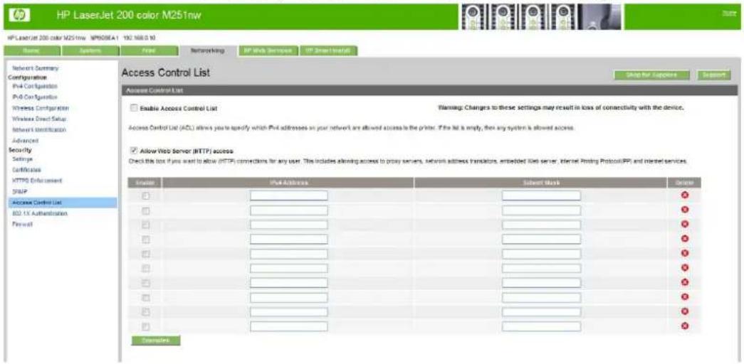 HP LaserJet Pro 200 Color Printer M251N - Access Control List page - 1
