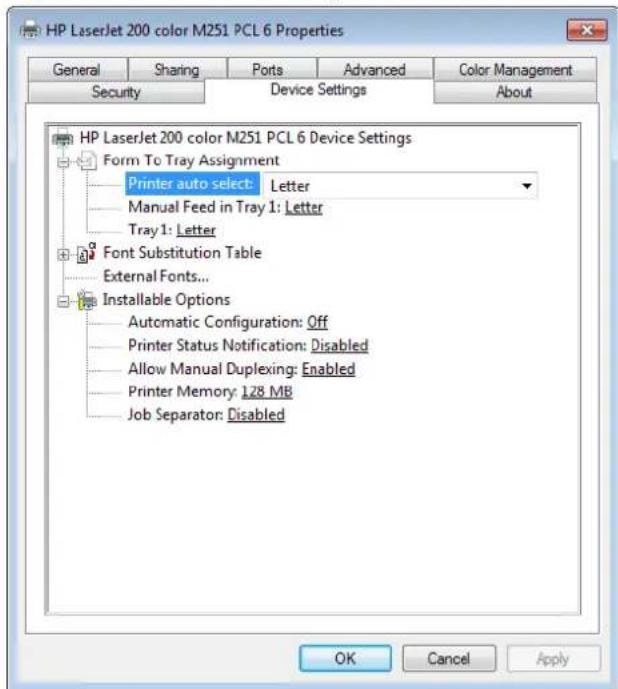 HP LaserJet Pro 200 Color Printer M251N - Device Settings tab features - 2