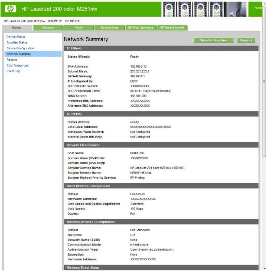 HP LaserJet Pro 200 Color Printer M251N - Network Summary page - 1