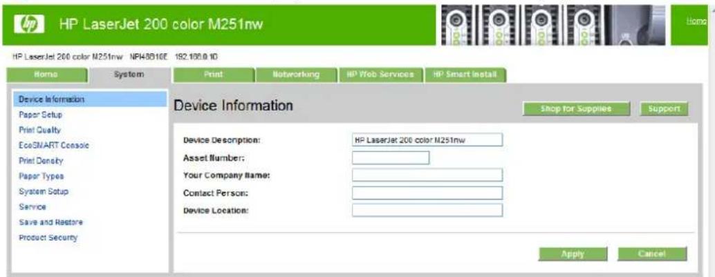 HP LaserJet Pro 200 Color Printer M251N - Device Information page - 1