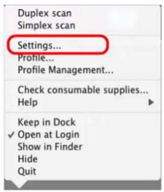 FUJITSU ScanSnap S1500M - From the ScanSnap Manager menu, select [Settings]. - 1