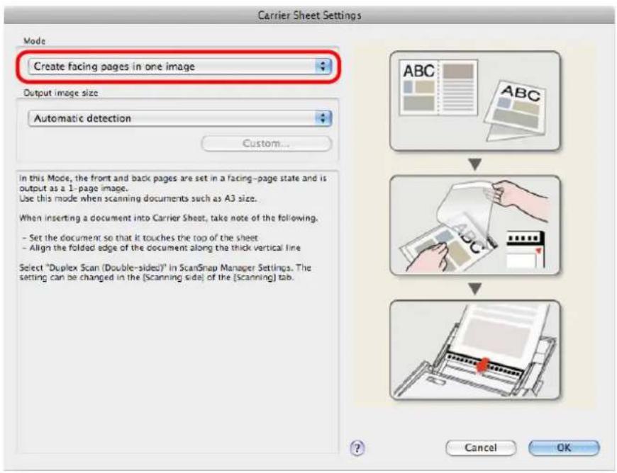 FUJITSU ScanSnap S1500M - Select [Create facing pages in one image] in the [Mode] pop-up menu, and then click the [OK] button. - 1