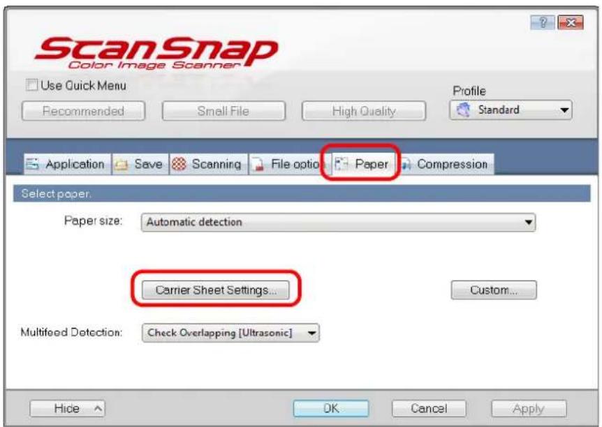 FUJITSU ScanSnap S1500M - Click the [Carrier Sheet Settings] button on the [Paper] tab. - 1