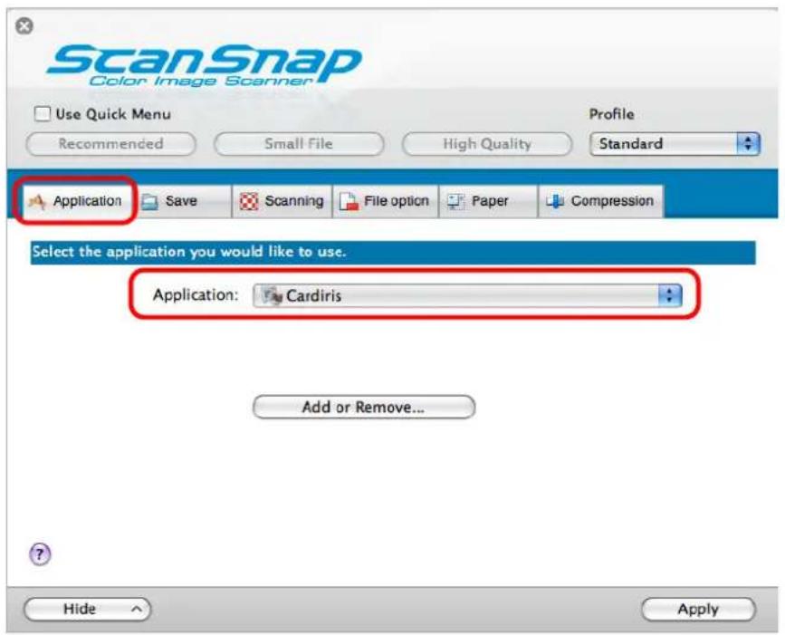 FUJITSU ScanSnap S1500M - In the [Application] pop-up menu on the [Application] tab, select [Cardiris]. - 1