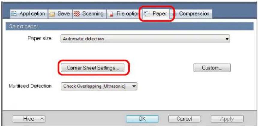 FUJITSU ScanSnap S1500M - Click the [Carrier Sheet Settings] button on the [Paper] tab. - 1