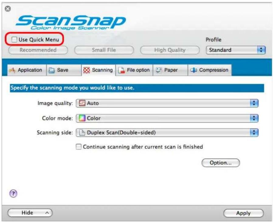 FUJITSU ScanSnap S1500M - Clear the [Use Quick Menu] checkbox. - 1