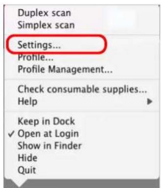 FUJITSU ScanSnap S1500M - From the ScanSnap Manager menu, select [Settings]. - 1
