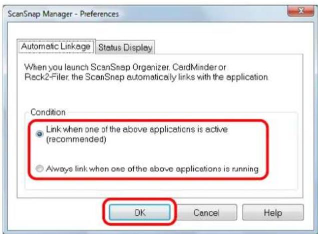 FUJITSU ScanSnap S1500M - In the [Automatic Linkage] tab, select the automatic linkage mode and click the [OK] button. - 1