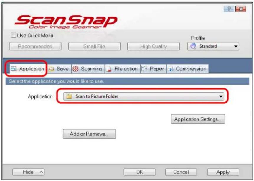 FUJITSU ScanSnap S1500M - In the [Application] drop-down list on the [Application] tab, select [Scan to Picture Folder]. - 1