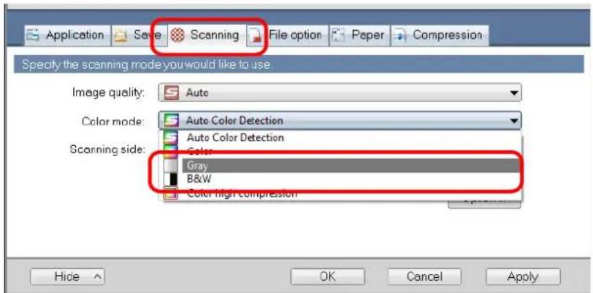 FUJITSU ScanSnap S1500M - In the [Color mode] drop-down list on the [Scanning] tab, select [Gray] or [B&amp;W]. - 1