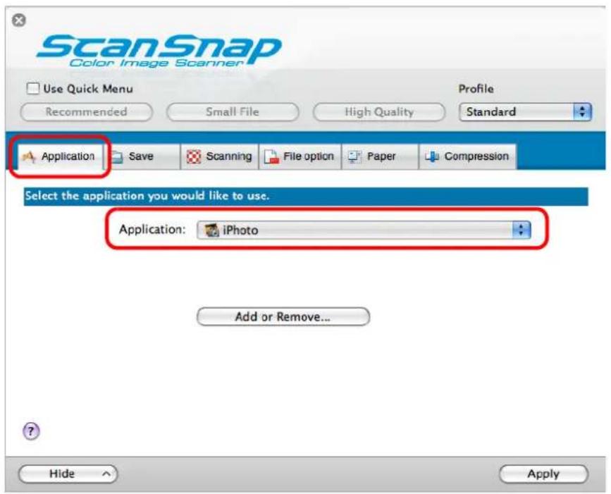 FUJITSU ScanSnap S1500M - In the [Application] pop-up menu on the [Application] tab, select [iPhoto]. - 1