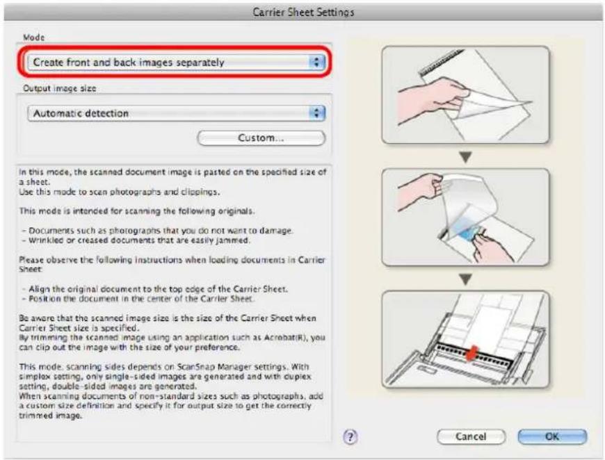 FUJITSU ScanSnap S1500M - Select [Create front and back images separately] in the [Mode] pop-up menu, and then click the [OK] button. - 1