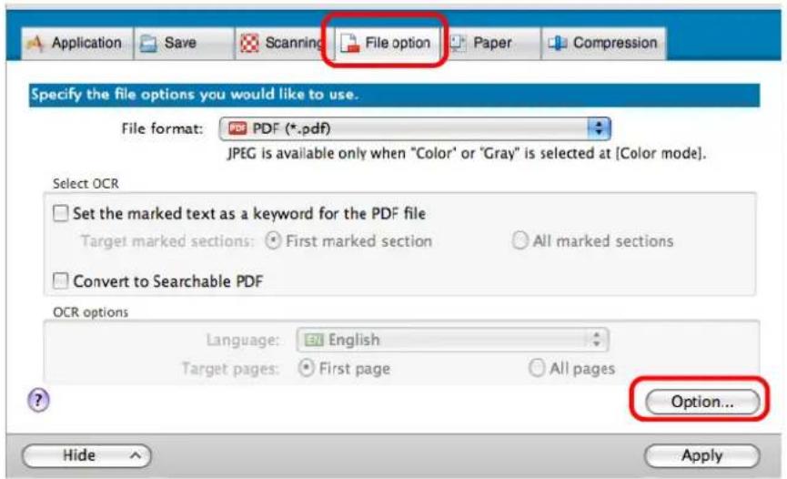 FUJITSU ScanSnap S1500M - Click the [Option] button on the [File option] tab. - 1