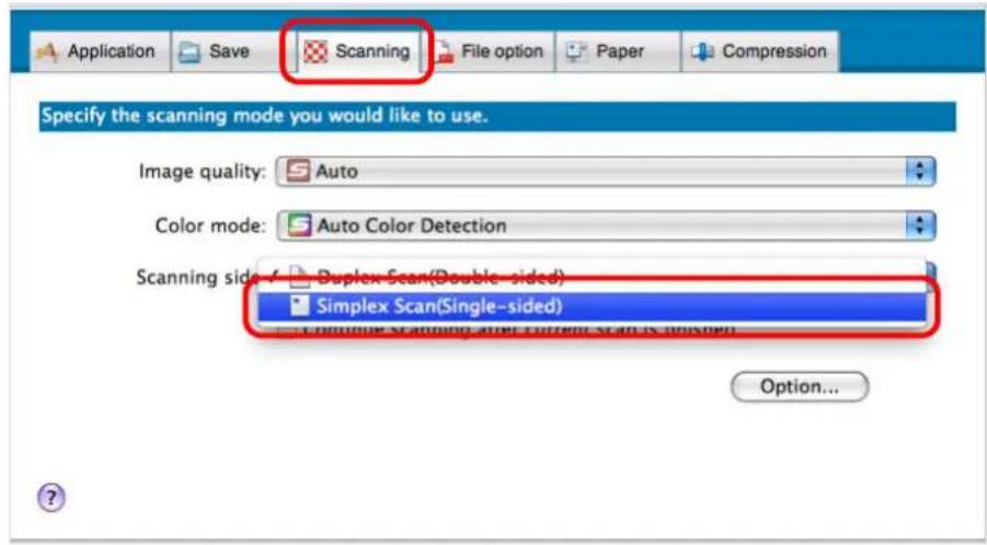 FUJITSU ScanSnap S1500M - Select [Simplex Scan (Single-sided)] in the [Scanning side] pop-up menu on the [Scanning] tab. - 1