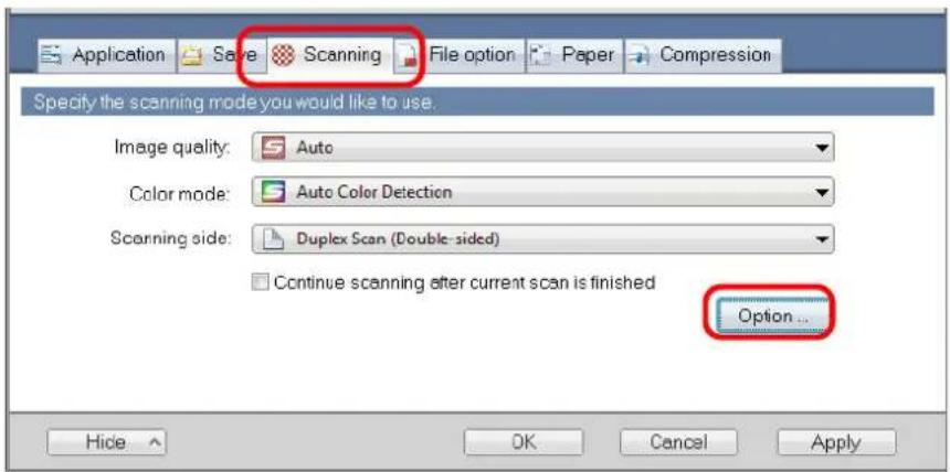 FUJITSU ScanSnap S1500M - Click the [Option] button on the [Scanning] tab. - 1
