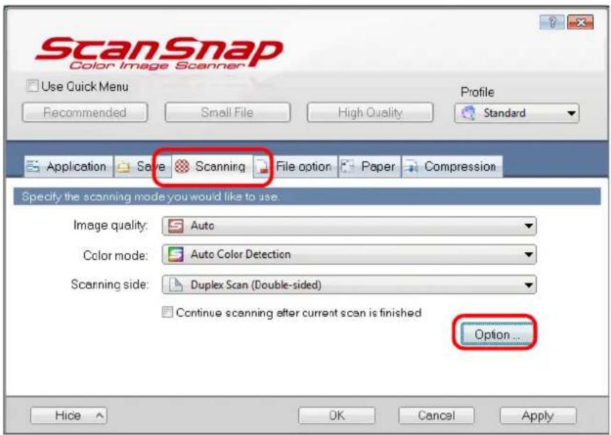 FUJITSU ScanSnap S1500M - Click the [Option] button on the [Scanning] tab. - 1