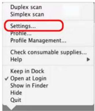 FUJITSU ScanSnap S1500M - From the ScanSnap Manager menu, select [Settings]. - 1