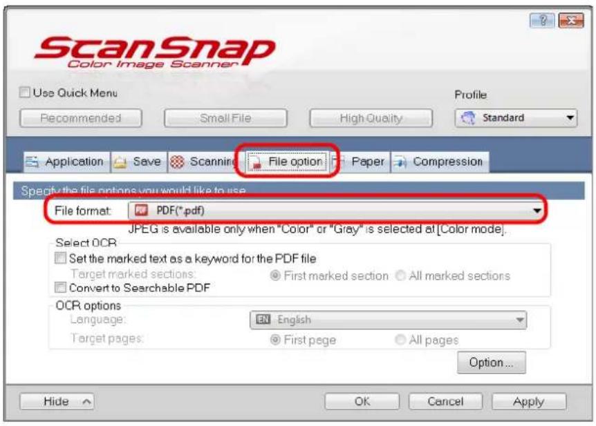 FUJITSU ScanSnap S1500M - In the [File format] drop-down list on the [File option] tab, select [PDF (\*.pdf)]. - 1