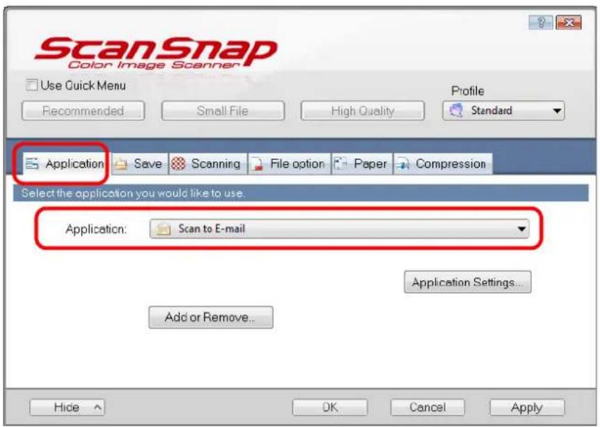 FUJITSU ScanSnap S1500M - In the [Application] drop-down list on the [Application] tab, select [Scan to E-mail]. - 1