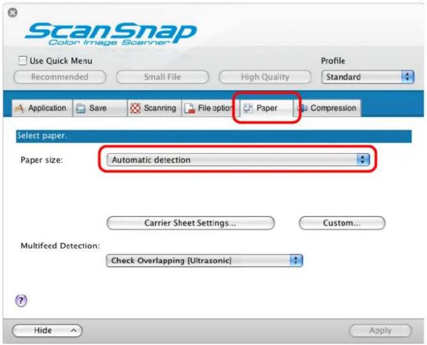 FUJITSU ScanSnap S1500M - Select [Automatic detection] in the [Paper size] pop-up menu on the [Paper] tab. - 1