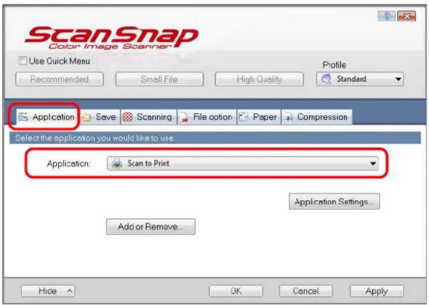 FUJITSU ScanSnap S1500M - In the [Application] drop-down list on the [Application] tab, select [Scan to Print]. - 1
