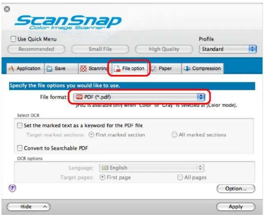 FUJITSU ScanSnap S1500M - In the [File format] pop-up menu on the [File option] tab, select [PDF(\*.pdf)]. - 1