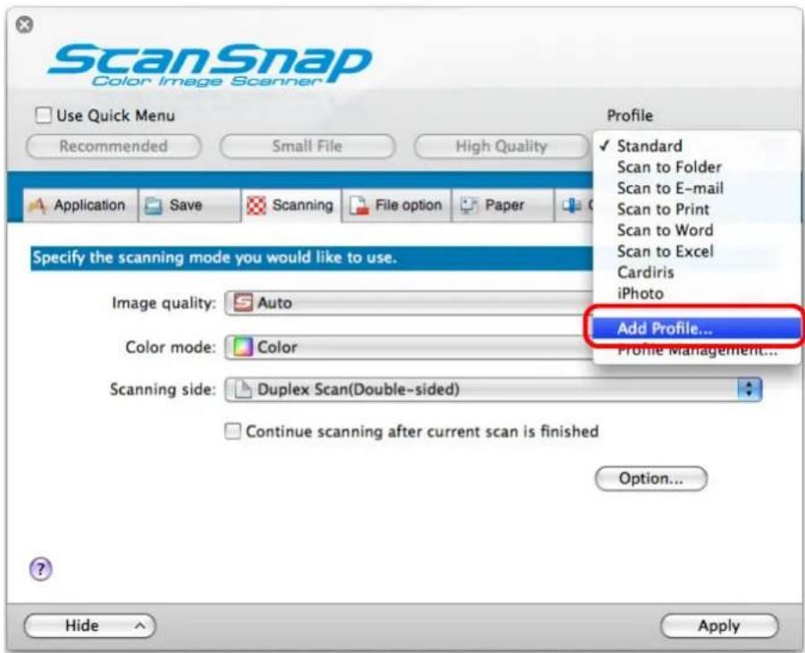 FUJITSU ScanSnap S1500M - Select [Add Profile] from the [Profile] pop-up menu. - 1