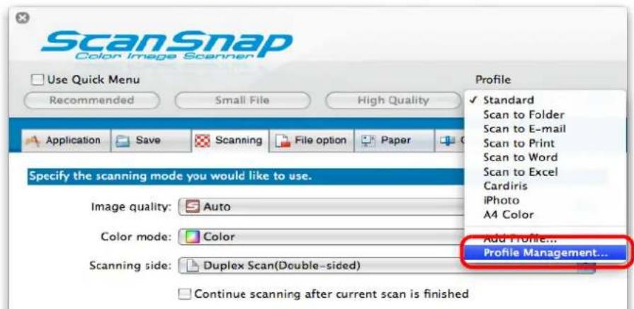 FUJITSU ScanSnap S1500M - Select [Profile Management] from the [Profile] pop-up menu. - 1