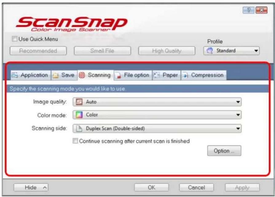 FUJITSU ScanSnap S1500M - Change scanning settings on each tab on the ScanSnap setup dialog box. - 1