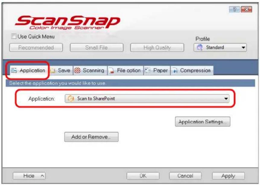 FUJITSU ScanSnap S1500M - In the [Application] drop-down list on the [Application] tab, select [Scan to SharePoint]. - 1