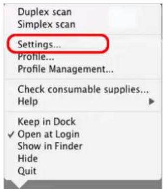 FUJITSU ScanSnap S1500M - From the ScanSnap Manager menu, select [Settings]. - 1