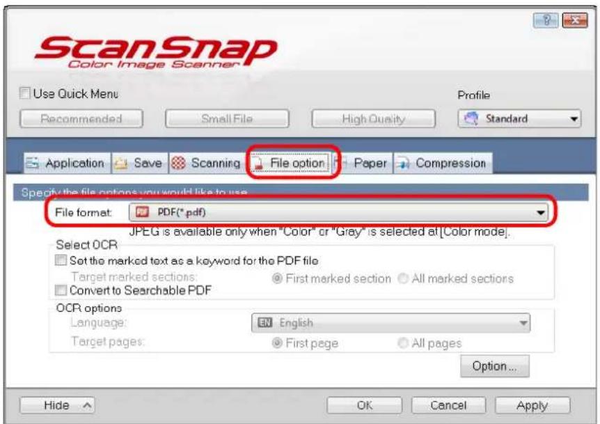 FUJITSU ScanSnap S1500M - In the [File format] drop-down list on the [File option] tab, select [PDF (\*.pdf)]. - 1