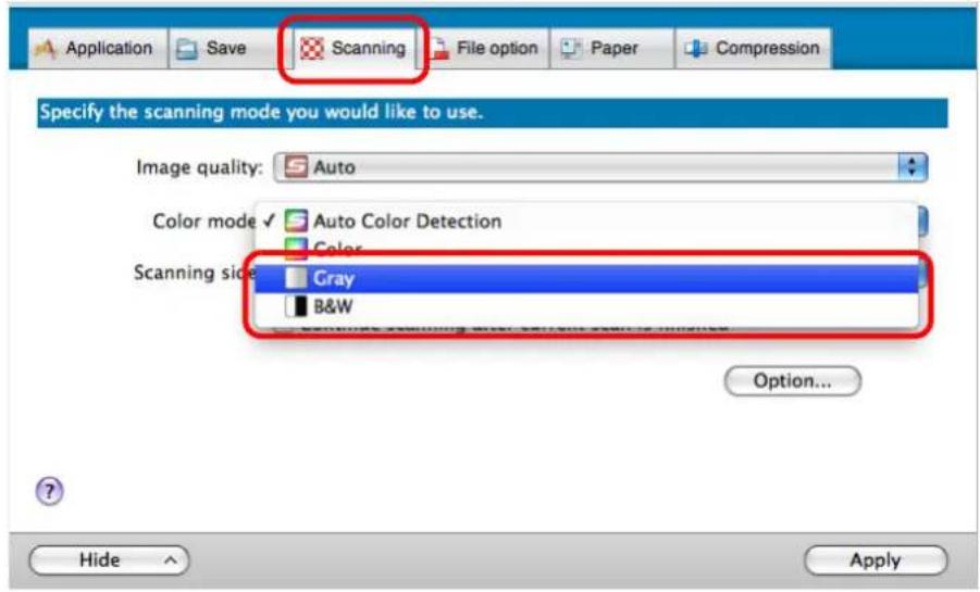 FUJITSU ScanSnap S1500M - In the [Color mode] pop-up menu on the [Scanning] tab, select [Gray] or [B&amp;W]. - 1