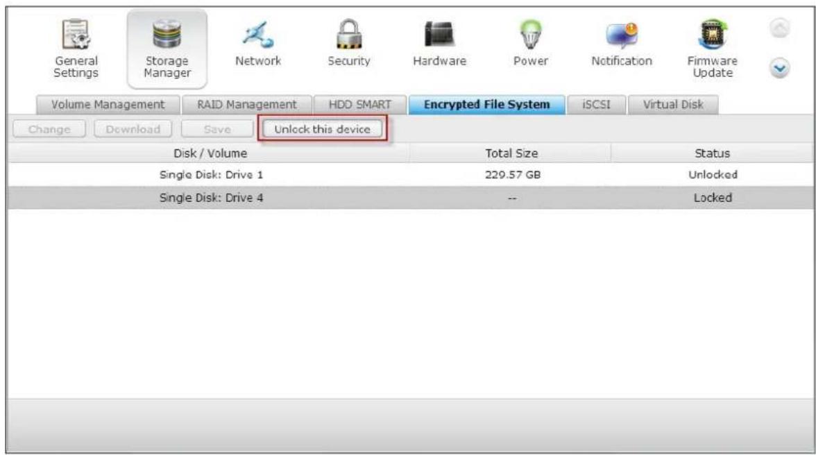QNAP TS-419P II - Unlock a disk volum e m anually - 2