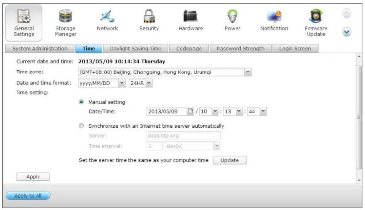 QNAP TS-419P II - Synchronize with an Internet time server automatically - 1