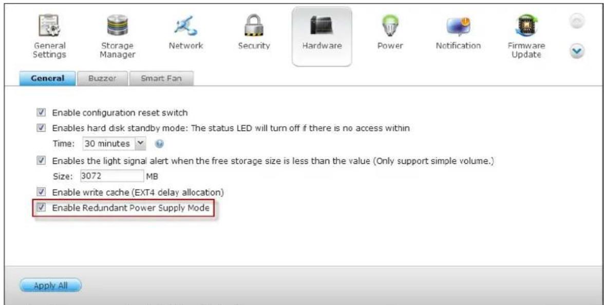 QNAP TS-419P II - Enable warning alert for redundant power supply on the web-based interface: - 1